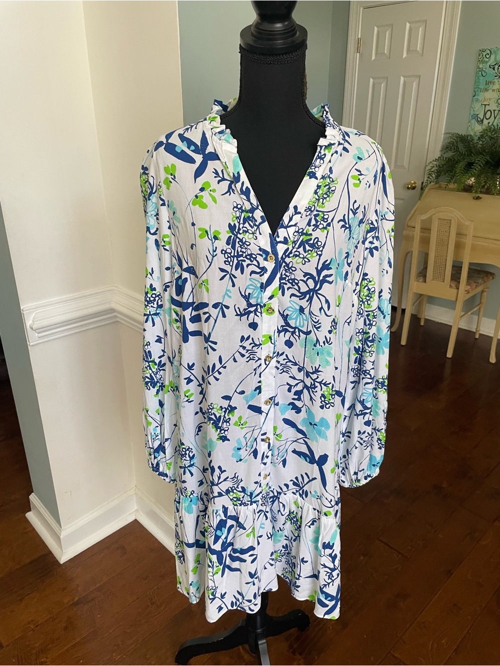 Lilly Pulitzer Blue, White & Green Floral Button-Front Long Sleeve Dress